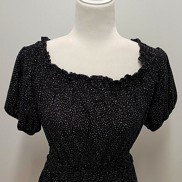 Express Off or on the Shoulder Dress Black w/White Spots Puff Short Sleeves Sz S - Picture 3 of 13